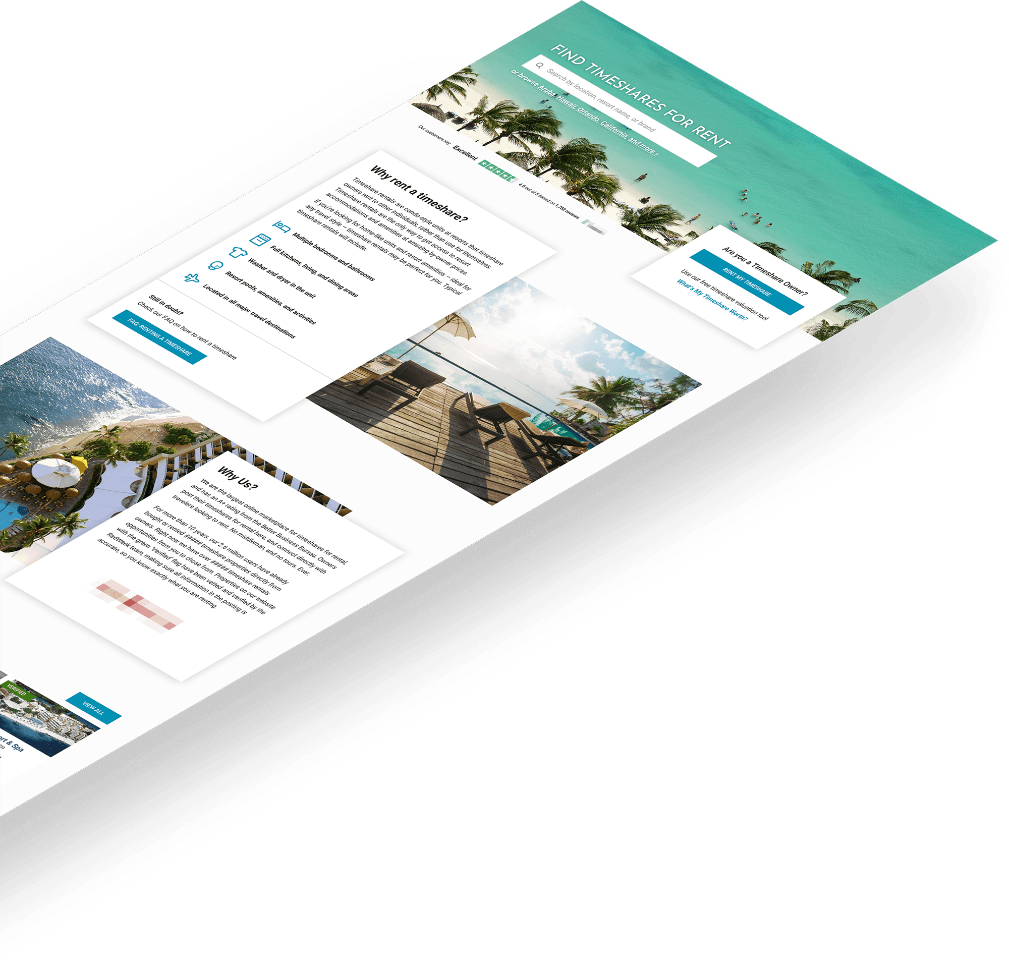 Isometric views of the redesigned timeshare rentals page