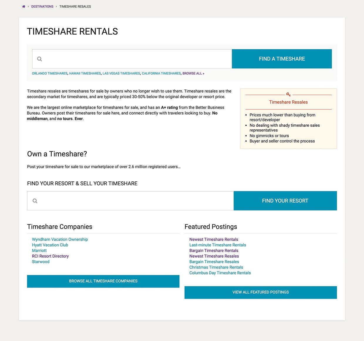Previous timeshare rentals page design